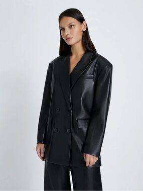 7 For All Mankind Black Faux Leather Double-Breasted Blazer Jacket